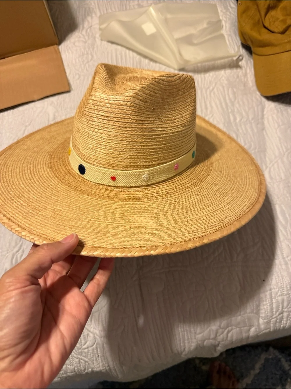 Natural Straw Wide-Brim Fedora Hat with Embroidered Dot Band